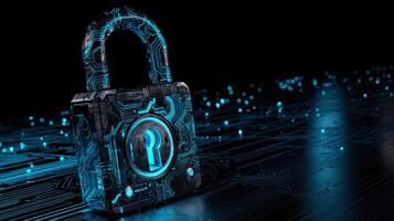 The Digital Lock Standing Tall Against a Futuristic Cyber Background photo