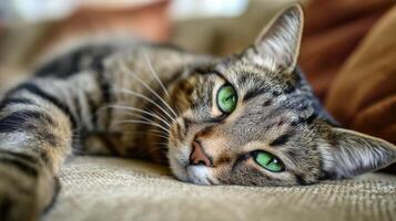 The tabby cat lounging comfortably on a soft couch with mesmerizing green eyes. photo