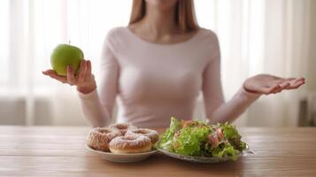 The woman contemplating healthy choices with an apple and donuts on the table. photo