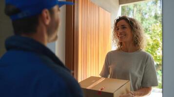 The joyful delivery of a package at the front door by a smiling woman. photo