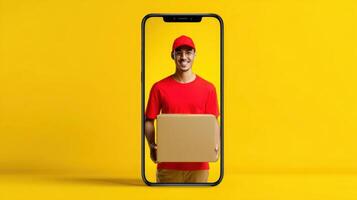The smiling delivery person holding a package within a smartphone frame. photo