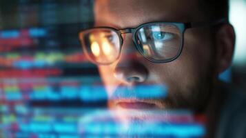 The focused programmer analyzing complex data on a digital screen. photo