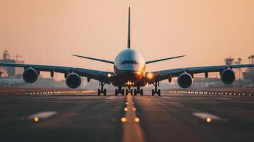 An airplane is sitting on the runway at sunset photo