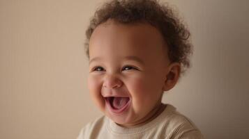 The joyful baby laughing happily with radiant expression in a soft light background. photo