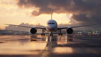 The airplane poised on the runway during a stunning sunset with dramatic skies. photo
