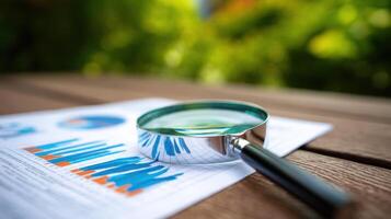 The magnifying glass emphasizing important data in a business report. photo