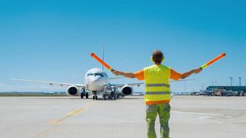 The ground worker signaling an airplane on the tarmac during a sunny day. photo