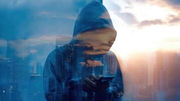 The mysterious figure with a phone against a stunning urban sunset backdrop. photo