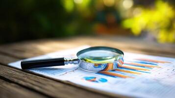 The magnifying glass enhancing business reports and data analysis on a wooden desk. photo