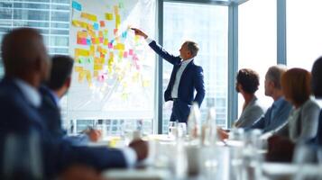 The executive leads a dynamic brainstorming session with sticky notes. photo