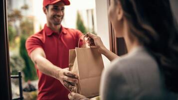 The delivery person hands over food to a satisfied customer at the doorstep. photo