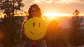 The girl holding a smiley face in a picturesque sunset scene. photo