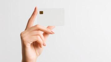 The elegant hand holding a blank payment card against a minimalistic background. photo