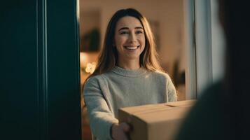 The woman receiving a package with a smile at her front doorstep. photo