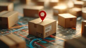 The package highlighted on a map with a location marker for delivery tracking. photo