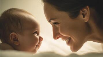 The bond between a mother and her smiling baby in gentle light. photo