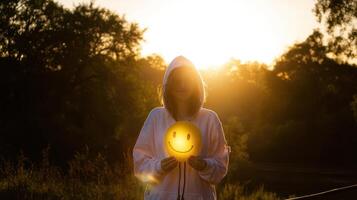 The woman holding a smiley face illuminated by a sunset glow photo