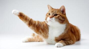 The adorable orange cat posing gracefully with a raised paw. photo