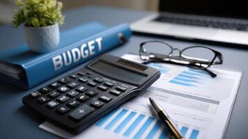 The calculator and budget binder on a modern office desk scene. photo