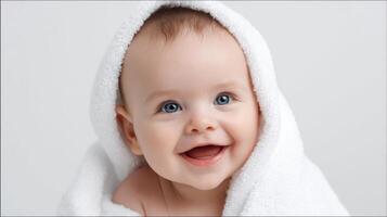 The baby wrapped in a towel with a joyful and radiant smile. photo
