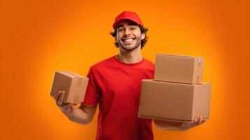 The delivery worker happily holding multiple boxes on a vibrant orange background. photo