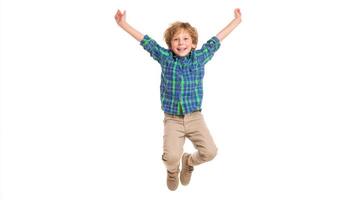 The joyful boy jumping in excitement against a bright white background. photo