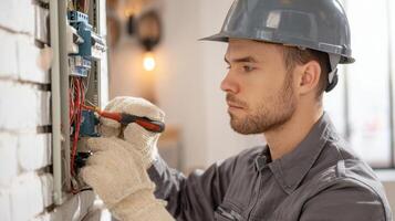 The electrician carefully working on an electrical panel in a residential setting. photo