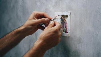The skilled electrician working on a residential electrical socket installation. photo