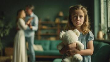 The girl holding a teddy bear in a room with distant parents. photo