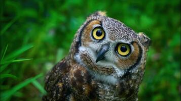 The captivating owl with striking yellow eyes in a lush green environment. photo
