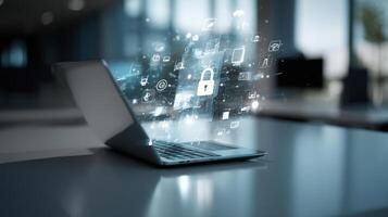 The laptop displaying digital security icons with a modern workspace background. photo