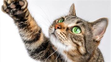 The curious cat reaching with its paw in a playful gesture. photo