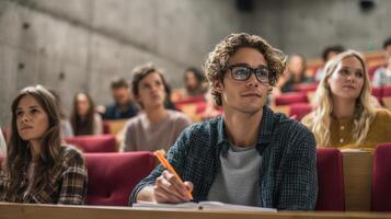 The attentive student in a modern classroom during a lecture on engaging topics. photo