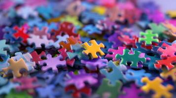 The colorful assortment of jigsaw puzzle pieces scattered creatively on a surface photo