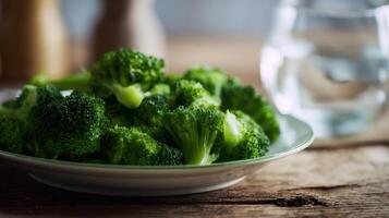 The vibrant green broccoli arranged beautifully on a rustic wooden table. photo