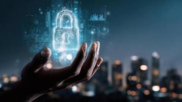A hand holding a padlock with a cityscape in the background photo