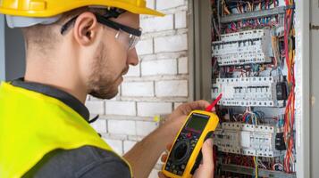 The electrician using a multimeter to test electrical circuits in a panel. photo