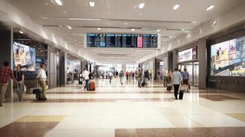 The modern airport terminal bustling with travelers and digital flight information displays. photo