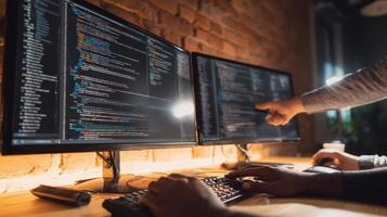 The collaborative coding session between developers using dual monitors and a keyboard. photo