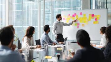 The business meeting showcasing collaboration and dynamic brainstorming with post-it notes. photo