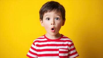 The amazed boy wearing a striped shirt against a bright yellow background. photo