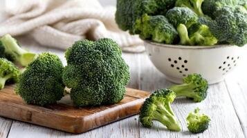 The fresh broccoli beautifully arranged on a wooden board with a colander. photo