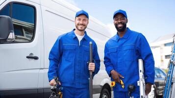The smiling technicians standing confidently in front of their service van. photo