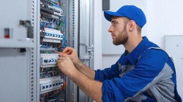 The technician working on an electrical panel in a technical facility. photo