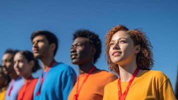 The athletes stand together in colorful shirts under a clear blue sky. photo