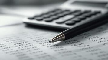 The elegant pen resting on financial documents with a calculator in the background. photo