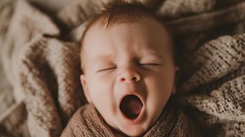 The adorable baby yawning peacefully while wrapped in a cozy blanket photo