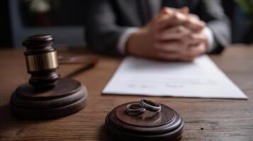 The gavel and wedding rings symbolize divorce proceedings in a legal setting. photo