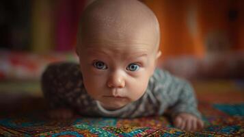 A baby laying on a colorful rug photo