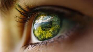The stunning eye reflecting a vibrant natural landscape and serene environment. photo